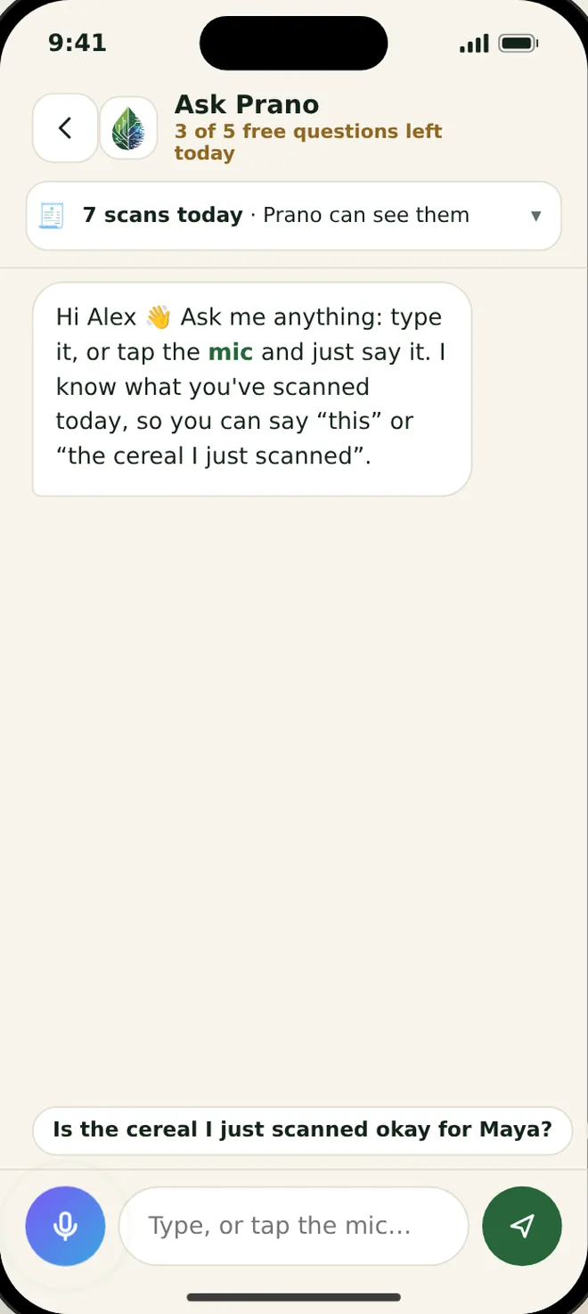 Prano app screen: ask it anything